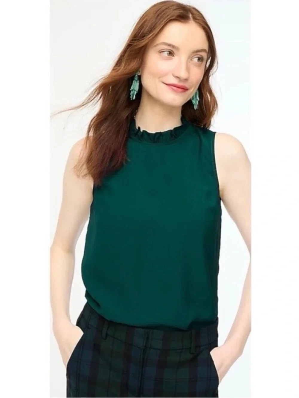 J. CREW | Emerald Green Ruffle Neck Black‎ Bow Back Top Blouse Sz. Small